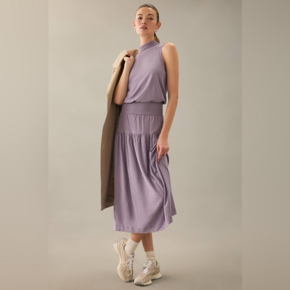 Nation LTD Margot French Lilac Purple Drop Waist Mock Neck Midi Dress